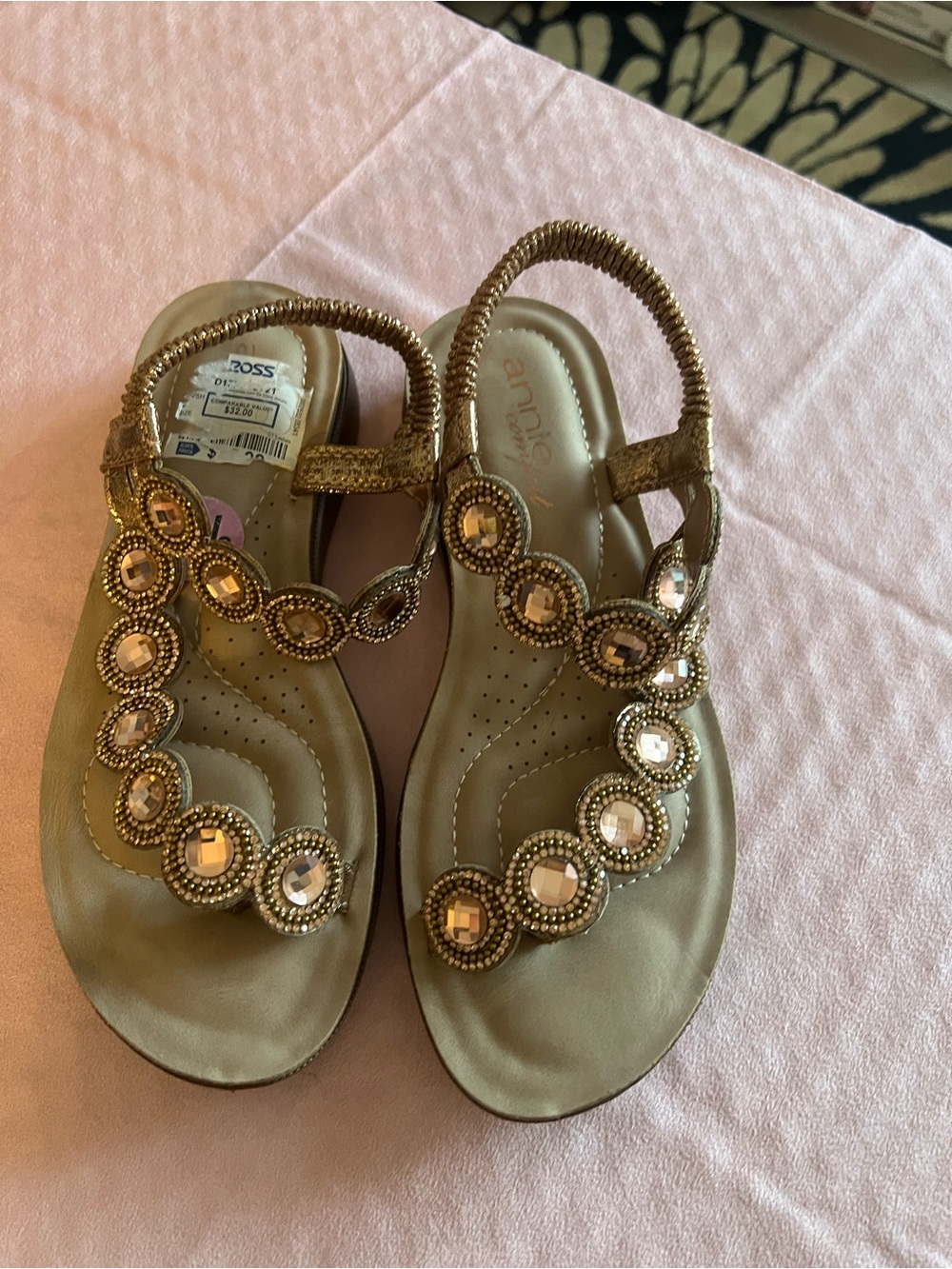 Annie Gold Jeweled T-strap Slingback Sandals